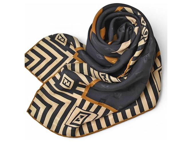 Zucca Sciarpa in seta Fendi beige e nera Nero - vista 5