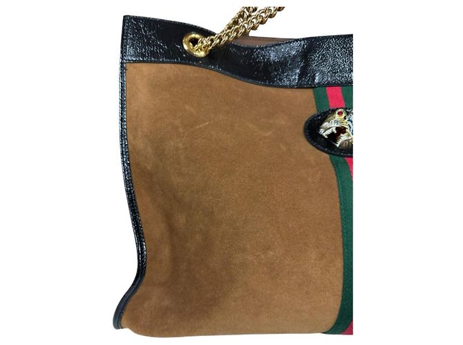 Borsa Tote Gucci Raja in Scamosciato e Pelle Marrone Nero - vista 10
