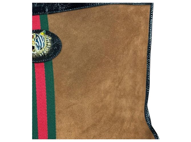 Borsa Tote Gucci Raja in Scamosciato e Pelle Marrone Nero - vista 11