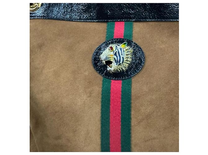 Borsa Tote Gucci Raja in Scamosciato e Pelle Marrone Nero - vista 13