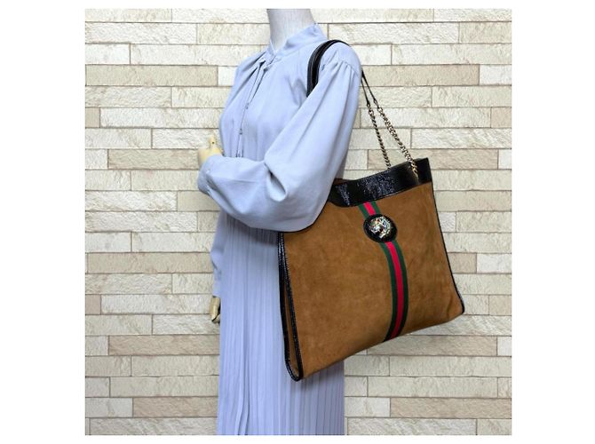 Borsa Tote Gucci Raja in Scamosciato e Pelle Marrone Nero - vista 2