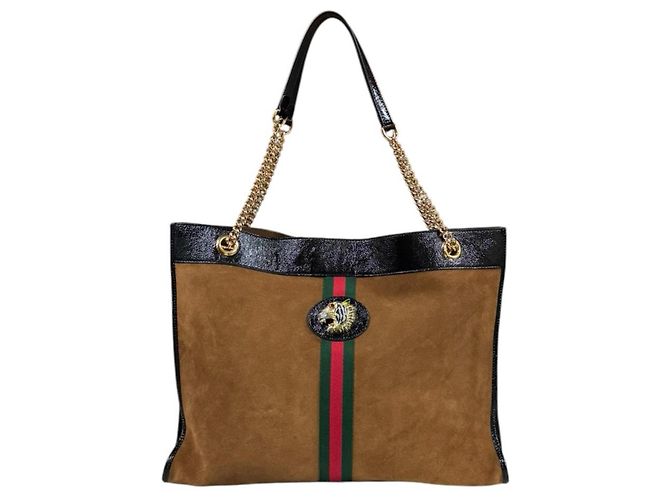 Borsa Tote Gucci Raja in Scamosciato e Pelle Marrone Nero - vista 3