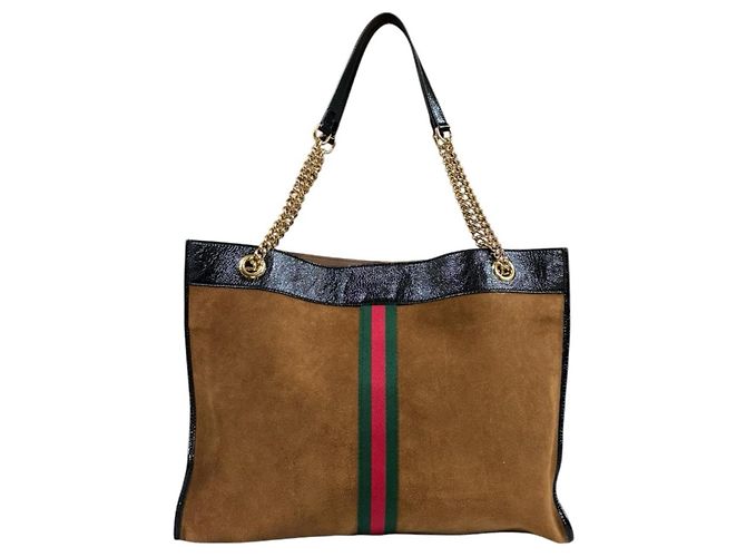 Borsa Tote Gucci Raja in Scamosciato e Pelle Marrone Nero - vista 4