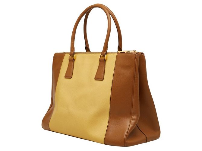 Borsa Prada Galleria Large Triangle Logo Plate Marrone Giallo - vista 2