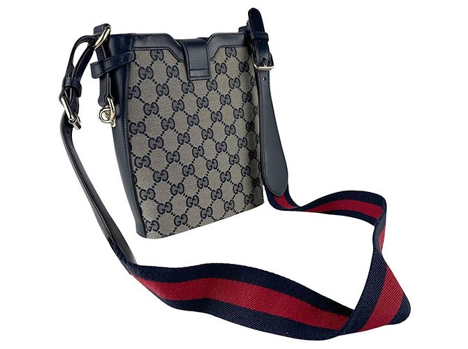 Sac à bandoulière Gucci en toile GG bleu marine et rouge - vue 10