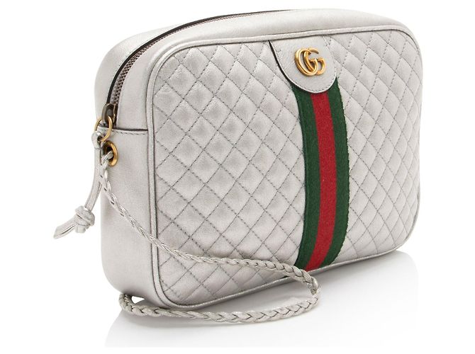 Gucci Metallic Quilted Leather Web Trapuntata Small Shoulder Bag Silvery - view 2
