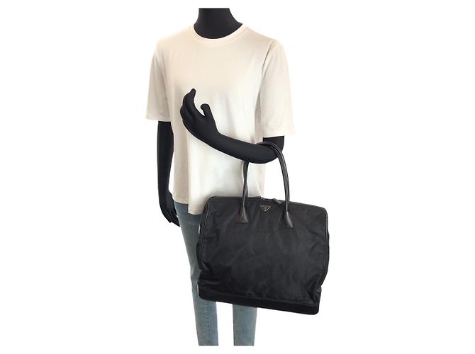 Prada Nylon Leder Tessuto Logo Tote Schwarz - Ansicht 7