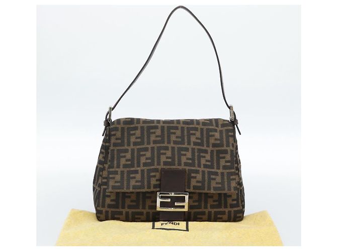 FENDI Zucca Canvas Mamma Baguette Shoulder Bag Black Brown Auth 183009M Marrone Nero - vista 12