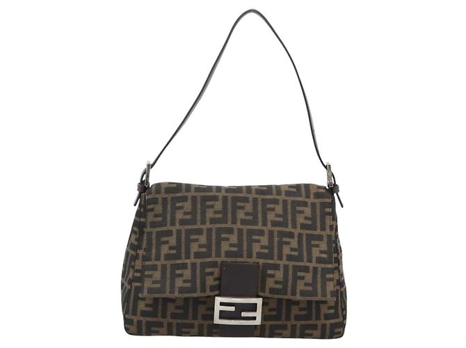 FENDI Zucca Canvas Mamma Baguette Shoulder Bag Black Brown Auth 183009M Marrone Nero - vista 13