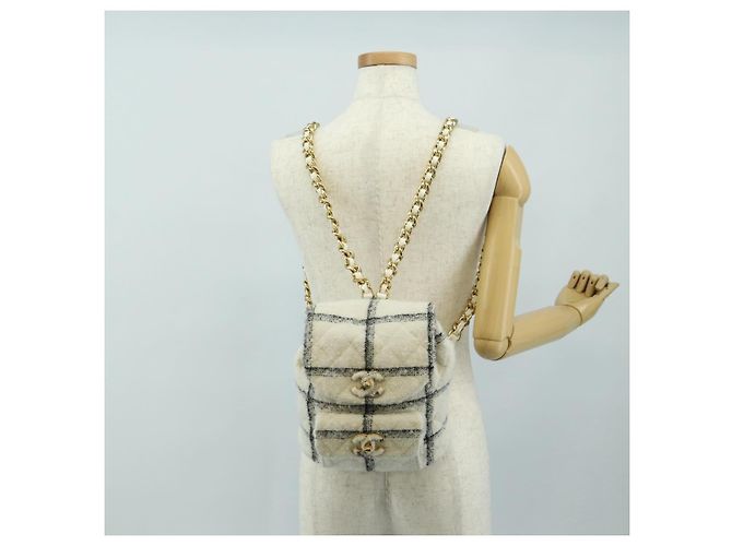 CHANEL Matelasse Chain Backpack Lana Tweed Avorio Oro CC Auth 181919SM D'oro Crudo - vista 30