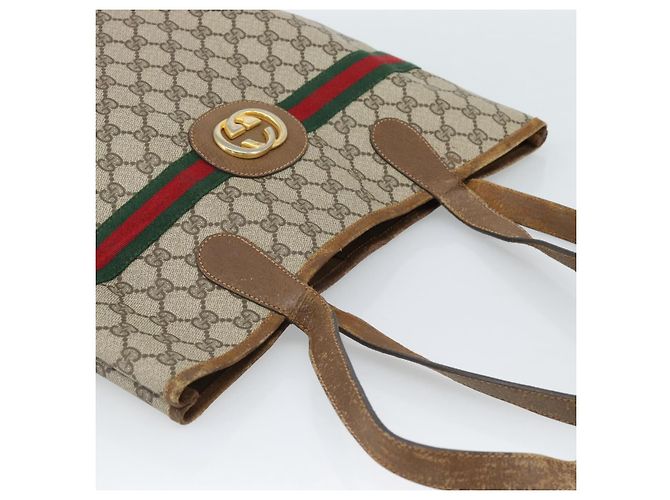 GUCCI GG Supreme Web Sherry Line Bag PVC Marrone Oro 002 904 0131 Auth ka4645 D'oro - vista 6