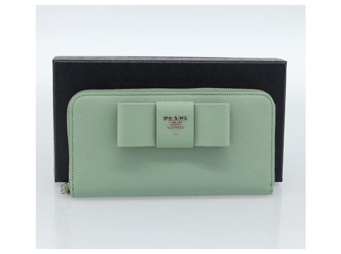 Cartera larga PRADA Ribbon de piel Saffiano Verde Plata Auth 182941SAM - vista 12