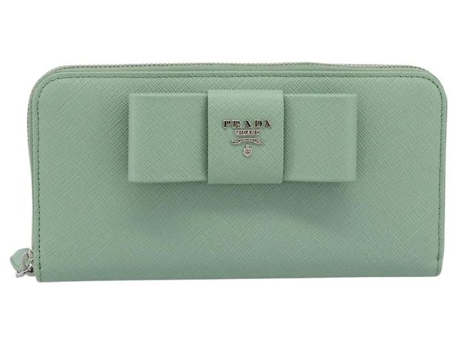 Cartera larga PRADA Ribbon de piel Saffiano Verde Plata Auth 182941SAM - vista 13