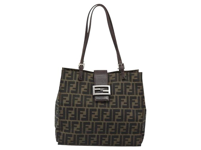 FENDI Zucca Canvas Mamma Baguette Tote Bag Black Brown Auth 183898 Marrone Nero - vista 13