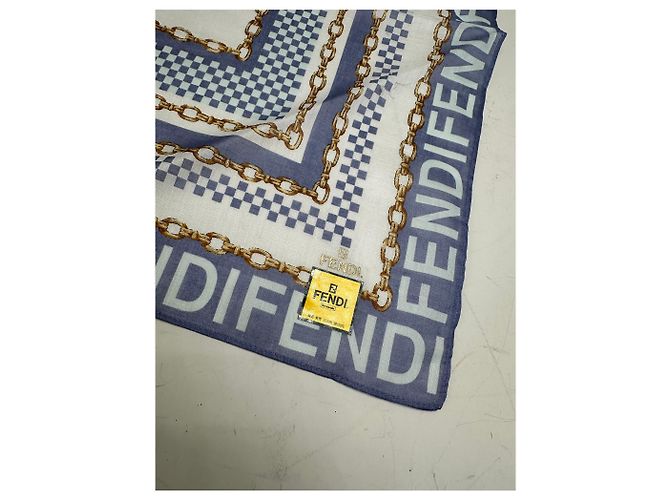 Sciarpa in seta vintage Fendi FF Logo blu bianco oro - vista 2