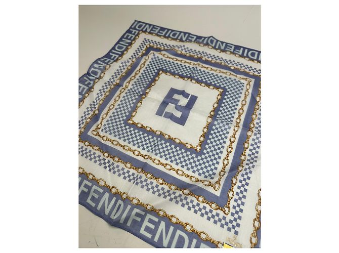 Sciarpa in seta vintage Fendi FF Logo blu bianco oro - vista 3