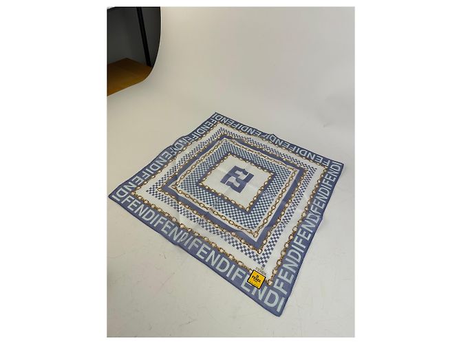Sciarpa in seta vintage Fendi FF Logo blu bianco oro - vista 4