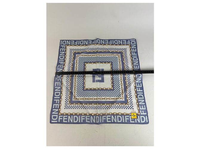 Sciarpa in seta vintage Fendi FF Logo blu bianco oro - vista 5