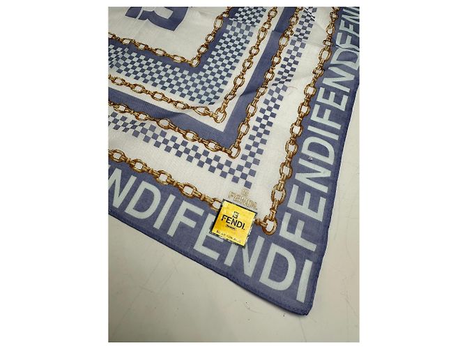 Sciarpa di seta vintage Fendi FF Logo stampa a catena Bianco Blu Oro - vista 2