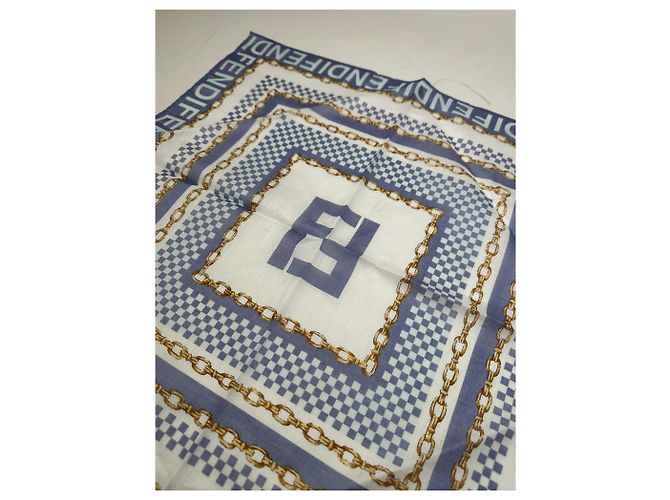 Sciarpa di seta vintage Fendi FF Logo stampa a catena Bianco Blu Oro - vista 3