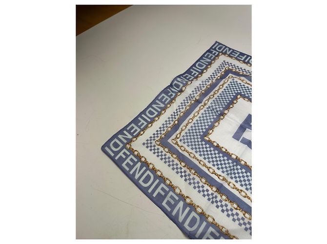 Sciarpa di seta vintage Fendi FF Logo stampa a catena Bianco Blu Oro - vista 4