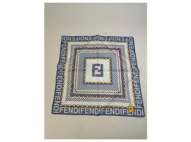 Sciarpa di seta vintage Fendi FF Logo stampa a catena Bianco Blu Oro - vista 5