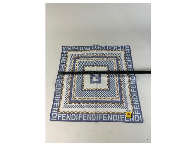 Sciarpa di seta vintage Fendi FF Logo stampa a catena Bianco Blu Oro - vista 7