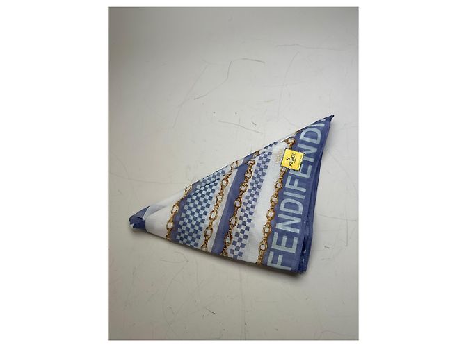 Sciarpa di seta vintage Fendi FF Logo stampa a catena Bianco Blu Oro - vista 8