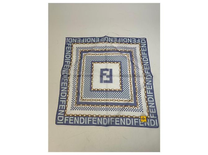 Sciarpa di seta vintage Fendi FF Logo stampa a catena Bianco Blu Oro - vista 9
