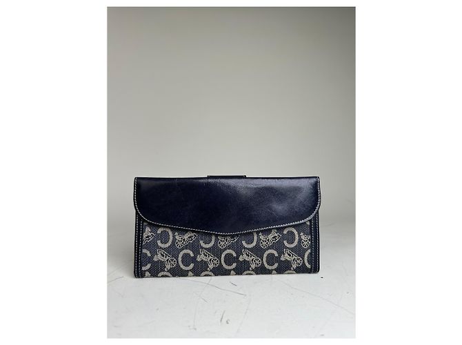 Edge Céline Vintage Celine C Monogram Canvas Wallet Navy Grey Gold Navy blue - view 2
