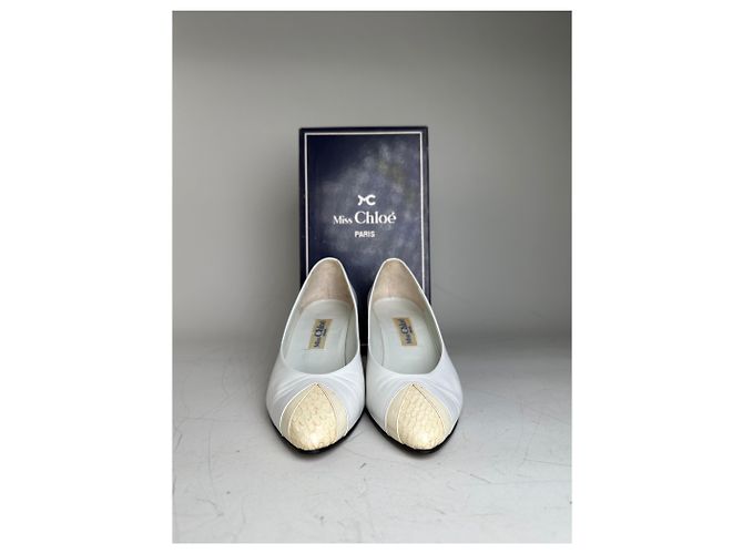 Chloé Vintage Chloe Leder-Absatzschuhe Creme Weiß Silber EU35.5 - Ansicht 5