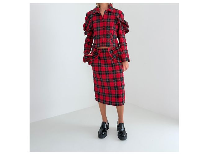 Simone Rocha Herbst 2014 Runway Tartan-Set Look 31 Schwarz Rot - Ansicht 2