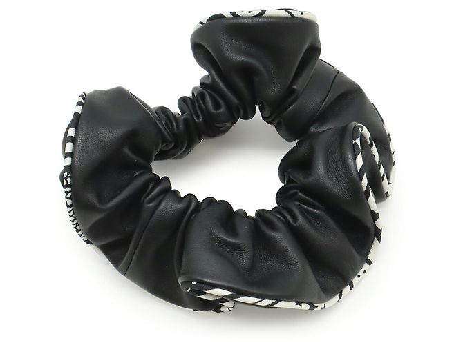 Trim Hermès Scrunchie Claudia HERMES, rifiniture in seta e pelle, Black, White Nero - vista 3
