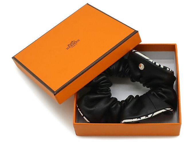 Trim Hermès Scrunchie Claudia HERMES, rifiniture in seta e pelle, Black, White Nero - vista 6
