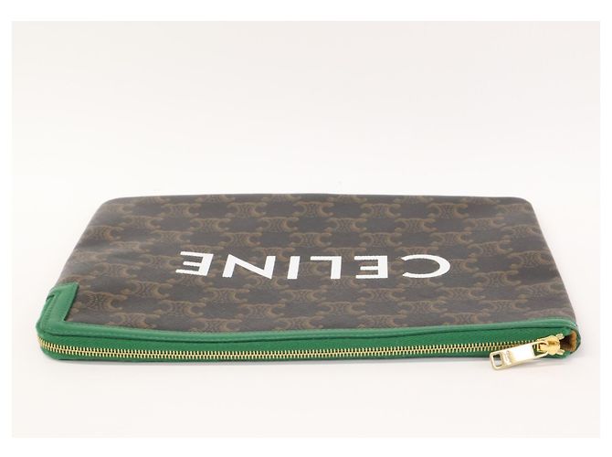 Céline Clutch Celine Triomphe Logo Print Marrone Nero Verde - vista 3