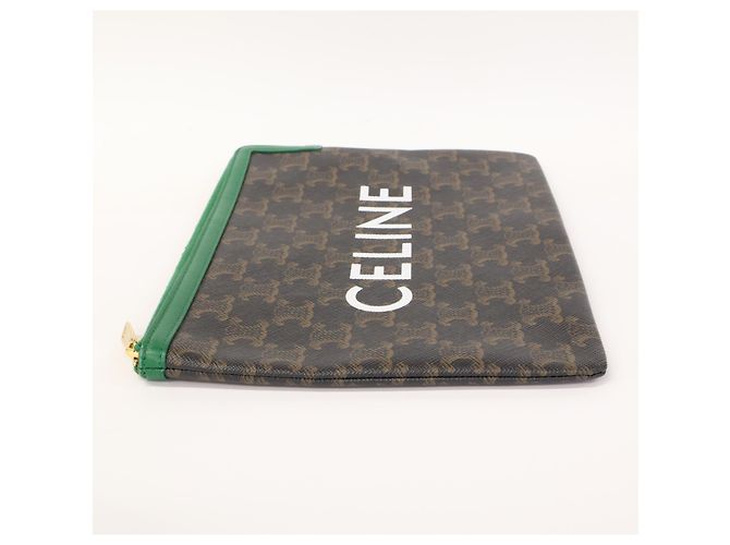 Céline Clutch Celine Triomphe Logo Print Marrone Nero Verde - vista 4
