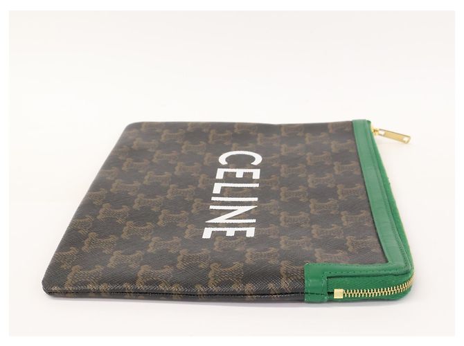 Céline Clutch Celine Triomphe Logo Print Marrone Nero Verde - vista 6