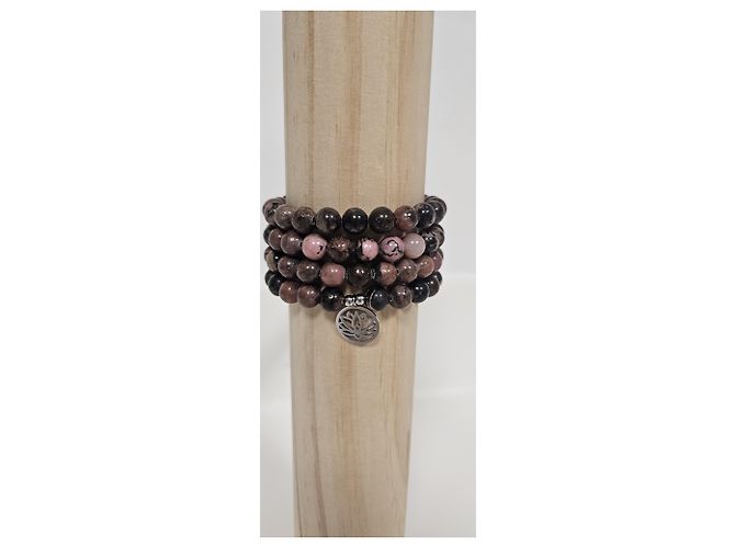 Autre Marque Mala Karma in Rodonite e Ossidiana con Fiore di Loto in Argento Nero Rosa Silver hardware - vista 2