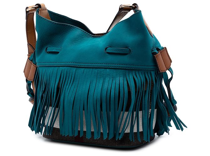 Borsa bucket Burberry Blue Small Mega Check in tela e scamosciato con frange Belgrove - vista 2