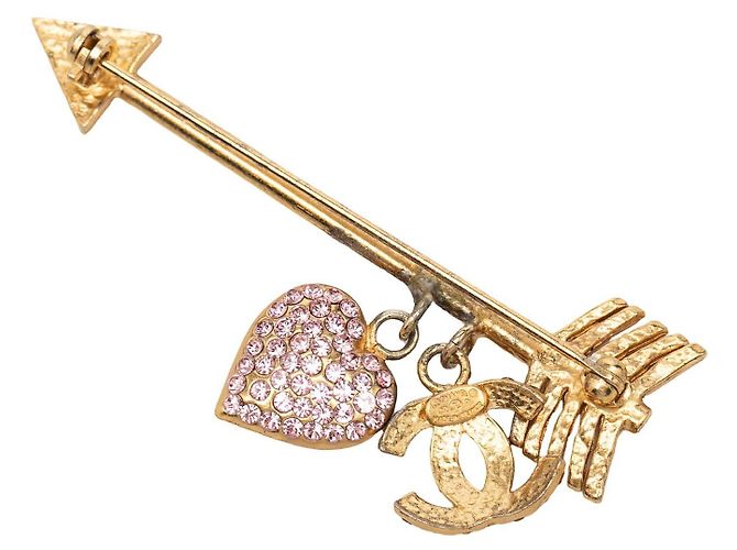 Spilla Broche Chanel Gold CC Placcata Oro Strass Freccia Cuore D'oro - vista 2