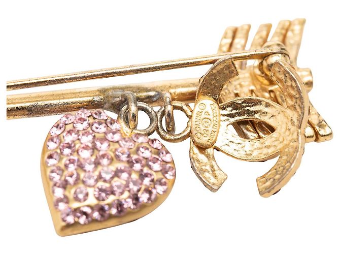 Spilla Broche Chanel Gold CC Placcata Oro Strass Freccia Cuore D'oro - vista 3