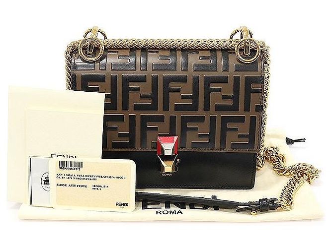 Fendi Piccola borsa a tracolla in pelle di vitello nera con logo FF e catena con occhielli Marrone - vista 2