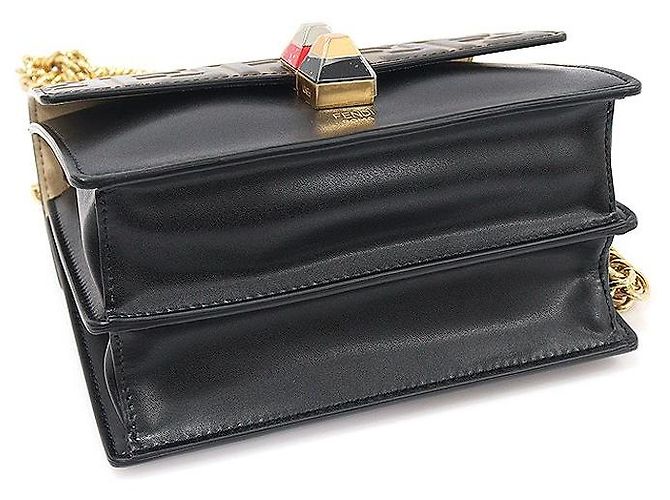 Fendi Piccola borsa a tracolla in pelle di vitello nera con logo FF e catena con occhielli Marrone - vista 5