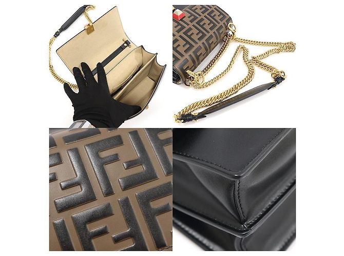 Fendi Piccola borsa a tracolla in pelle di vitello nera con logo FF e catena con occhielli Marrone - vista 6