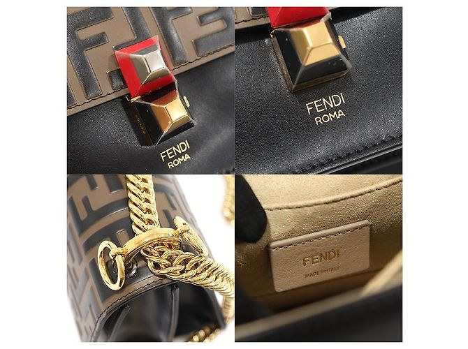 Fendi Piccola borsa a tracolla in pelle di vitello nera con logo FF e catena con occhielli Marrone - vista 7
