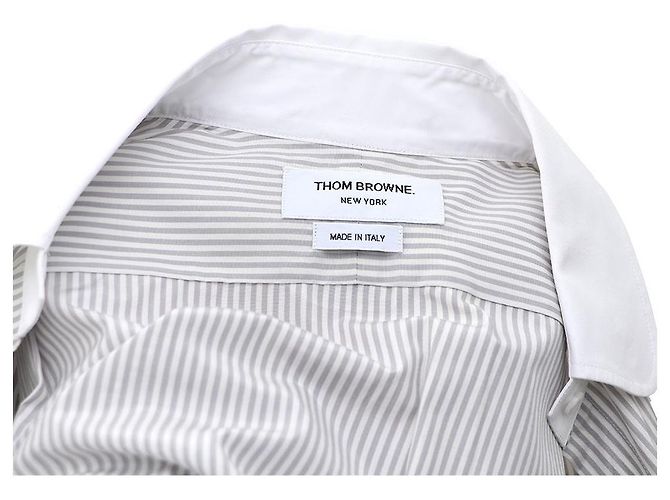 Thom Browne Camicia con collo rotondo in seta e cotone a righe University Marrone - vista 10