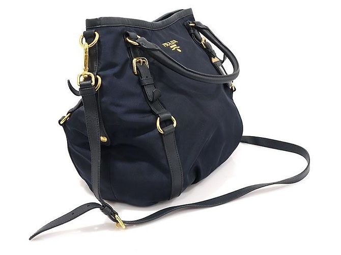 Prada Nylon Tessuto blu navy e pelle di vitello morbida con scritte - vista 2