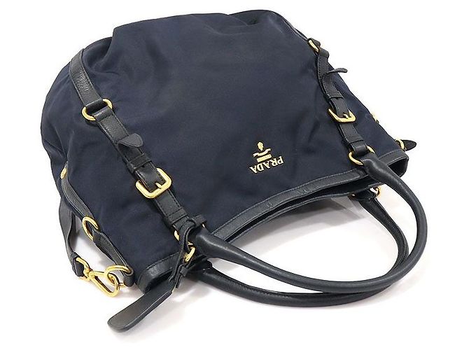 Prada Nylon Tessuto blu navy e pelle di vitello morbida con scritte - vista 3