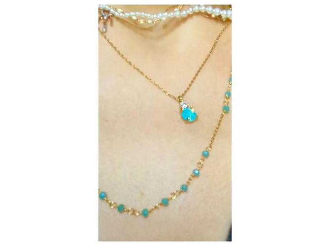 Autre Marque Collana a due fili dorata con pendente pietra blu D'oro Blu chiaro - vista 3