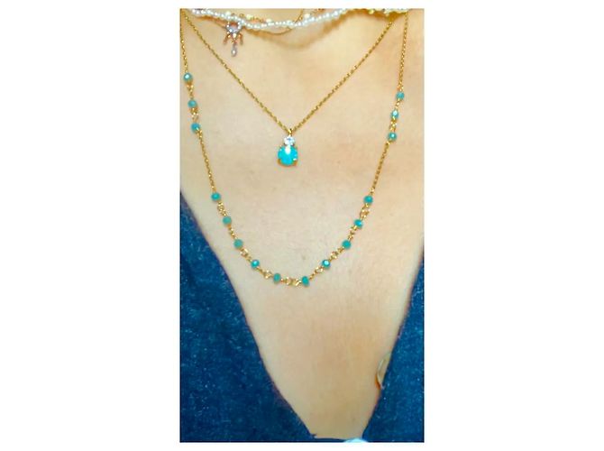 Autre Marque Collana a due fili dorata con pendente pietra blu D'oro Blu chiaro - vista 4
